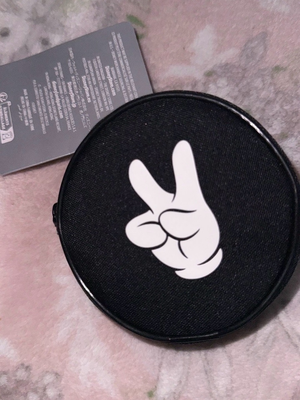 Disney Black Round Zip Coin Pouch with White Peace-Hand Graphic